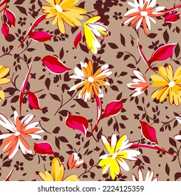 Floral seamleass pattern made of scattered garden flowers in bloom. Summer botanical background with hand drawn daisies. Good for dress, textile, clothes, fabric, wrapping.