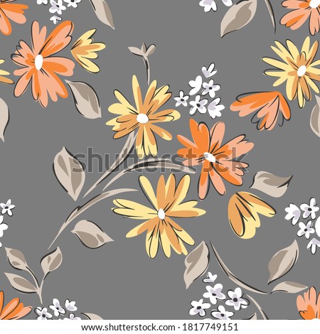 Floral seamleass pattern made of scattered garden flowers in bloom. Summer botanical background with hand drawn daisies. Good for dress, textile, clothes, fabric, wrapping.