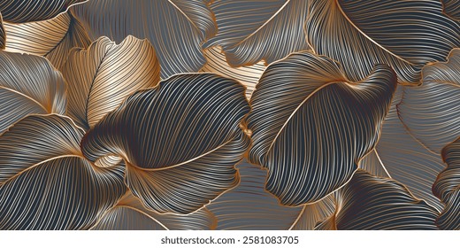 Floral seamless abstract pattern with golden leaves. Hand drawn background.