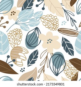 Floral seamless autumn pattern. Abstract tiles in simple cartoon hand drawn style. Scandinavian background in pastel palette. Print for printing on textiles. Vector illustration, doodle