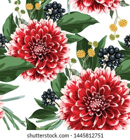 Floral seamless autumn pattern with hand drawn red dahlias flowers,berries and herbs. Illustration for textile. White bacground.