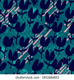 Floral seamless backdrop with hand drawn repeat tulips and grunge spots