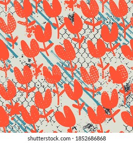 Floral seamless backdrop with hand drawn repeat tulips and grunge spots
