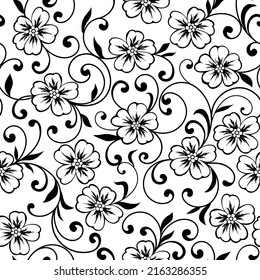 Floral seamless background. Abstract black flowers on a white background.