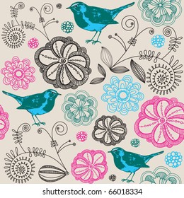 Floral seamless background with birds