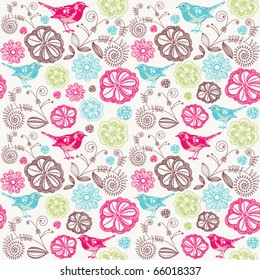 Floral seamless background with birds