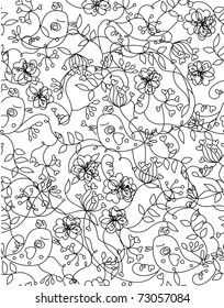Floral seamless background with birds