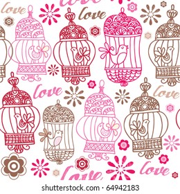 Floral seamless background. Birds with cages