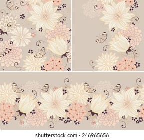 Floral seamless background and borders with lilies and butterflies. Vector ornamental pattern set.