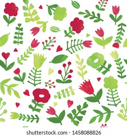 Floral seamless background, bright red- green summer doodle backdrop on white background