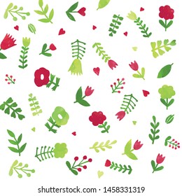Floral seamless background, bright red- green summer glade backdrop on white background