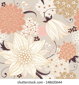 Floral seamless background with butterfly. Vector illustration.