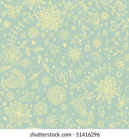 Floral seamless background with cartoon birds in green colors
