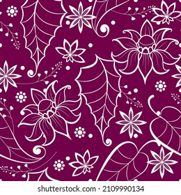 Floral seamless background. Contour drawing in light colors on a burgundy background.