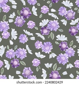 Fondo floral sin costuras con margaritas y flores moradas. Adecuado para imprimir en tela, textil, papel de envoltura, papel pintado decorativo, embalaje, invitaciones.