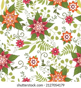 Floral seamless background. Different flowers and leaves on a white background.