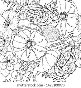 Floral seamless background with field flowers black line isolated. Vector artwork. Botanical design with black line flower. 