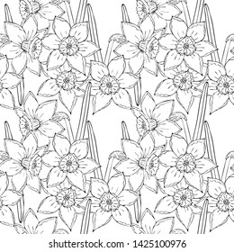 Floral seamless background with field flowers black line isolated. Vector artwork. Botanical design with black line flower. 