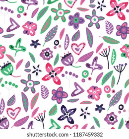 Floral seamless background in flat style. Bright color flowers on a white background.