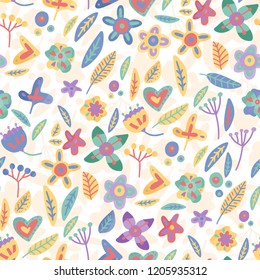Floral seamless background in flat style. Ethno color flowers on a white background.