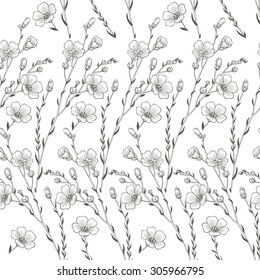Floral seamless background of flax plant. Monochrome vector background.