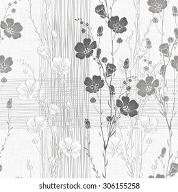 Floral seamless background of flax plant. Monochrome vector background.