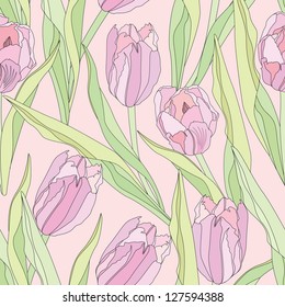 floral seamless background. flower pattern with pink and lilac tulip. flourish texture.