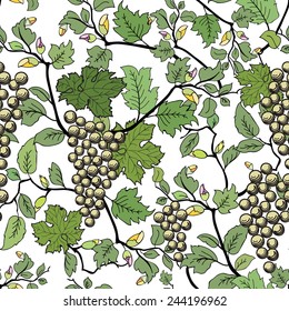 Floral seamless background with grape branch. Decorative flower and fruit pattern.