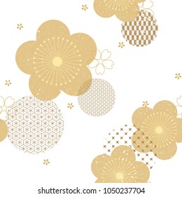 Floral seamless background with Japanese pattern vector. Gold cherry blossom with geometric pattern.