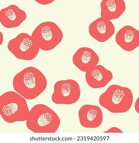 Floral seamless background with Japanese pattern vector. Red camellia flower in vintage style.