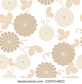 Fondo floral transparente con vector de patrón japonés. Banner floral de crisantemo dorado de estilo vintage.