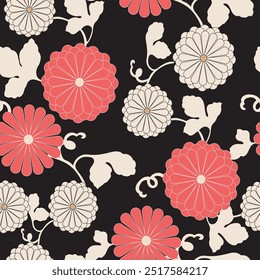 Floral seamless background with Japanese pattern vector. Camelie flower element with geometric pattern in vintage style.