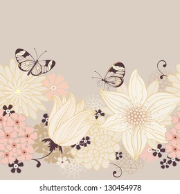 Floral seamless background with lily and butterfly. Vector pattern