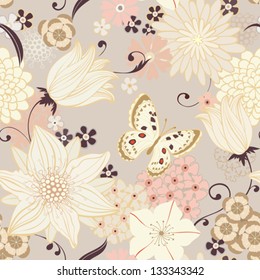 Floral seamless background with lily and butterfly. Vector pattern