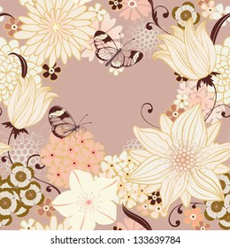Floral seamless background with lily and butterfly. Vector illustration.