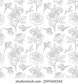 Floral seamless background line art. Rose seamless pattern. Floral background with Roses. June birth month flower line art. Botanical Background for wrapping paper, textile