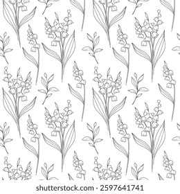 Floral seamless background line art. Lily of the Valley seamless pattern. Floral background with Lily of the Valley. May birth month flower line art. Botanical Background for wrapping paper, textile