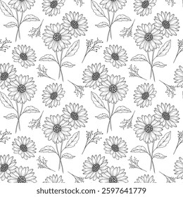 Floral seamless background line art. Daisy seamless pattern. Floral background with Daisy. April birth month flower line art. Botanical Background for wrapping paper, textile