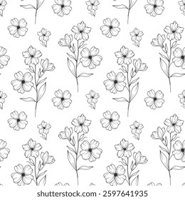Floral seamless background line art. Primrose seamless pattern. Floral background with Primrose. February birth month flower line art. Botanical Background for wrapping paper, textile