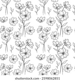 Floral seamless background line art. Cosmos seamless pattern. Floral background with Cosmos. October birth month flower line art. Botanical Background for wrapping paper, textile