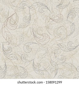 Floral seamless background. Line ornamental leaves pattern. 