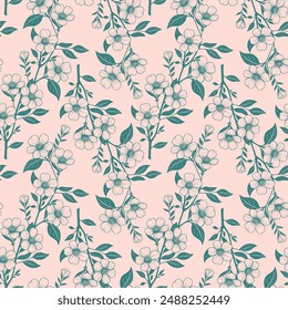 floral seamless background. pastel vector illustration with flowers, leaves and twigs on a pink background