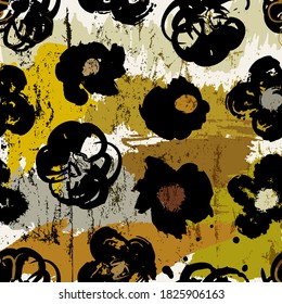 floral seamless background pattern, with abstract brush flowers, paint strokes and splashes