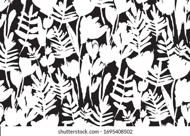 Floral seamless background pattern. Black and white spring flowers hand drawn, vector. Spring summer. Fabric swatch, textile design,wrapping paper