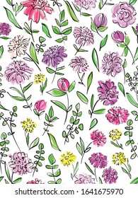 Floral seamless background pattern. Colorful spring flowers hand drawn, vector. Spring summer. Fabric swatch, textile design,wrapping, paper 