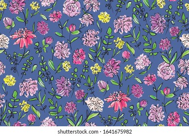 Floral seamless background pattern. Colorful spring flowers hand drawn, vector. Spring summer. Fabric swatch, textile design,wrapping, paper 