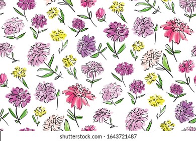 Floral seamless background pattern. Colorful spring flowers hand drawn, vector. Spring summer. Fabric swatch, textile design,wrapping, paper