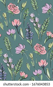 Floral seamless background pattern. Colorful spring flowers hand drawn, vector. Spring summer. Fabric swatch, textile design,wrapping, paper