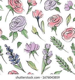Nahtlose florale Hintergrundmuster. Farbige Frühlingsblumen, handgezeichnet, Vektorillustration. Frühlingssommer. Armbanduhr, Stoffdesign, Umhüllung, Papier