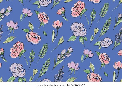 Floral seamless background pattern. Colorful spring flowers hand drawn, vector. Spring summer. Fabric swatch, textile design,wrapping, paper